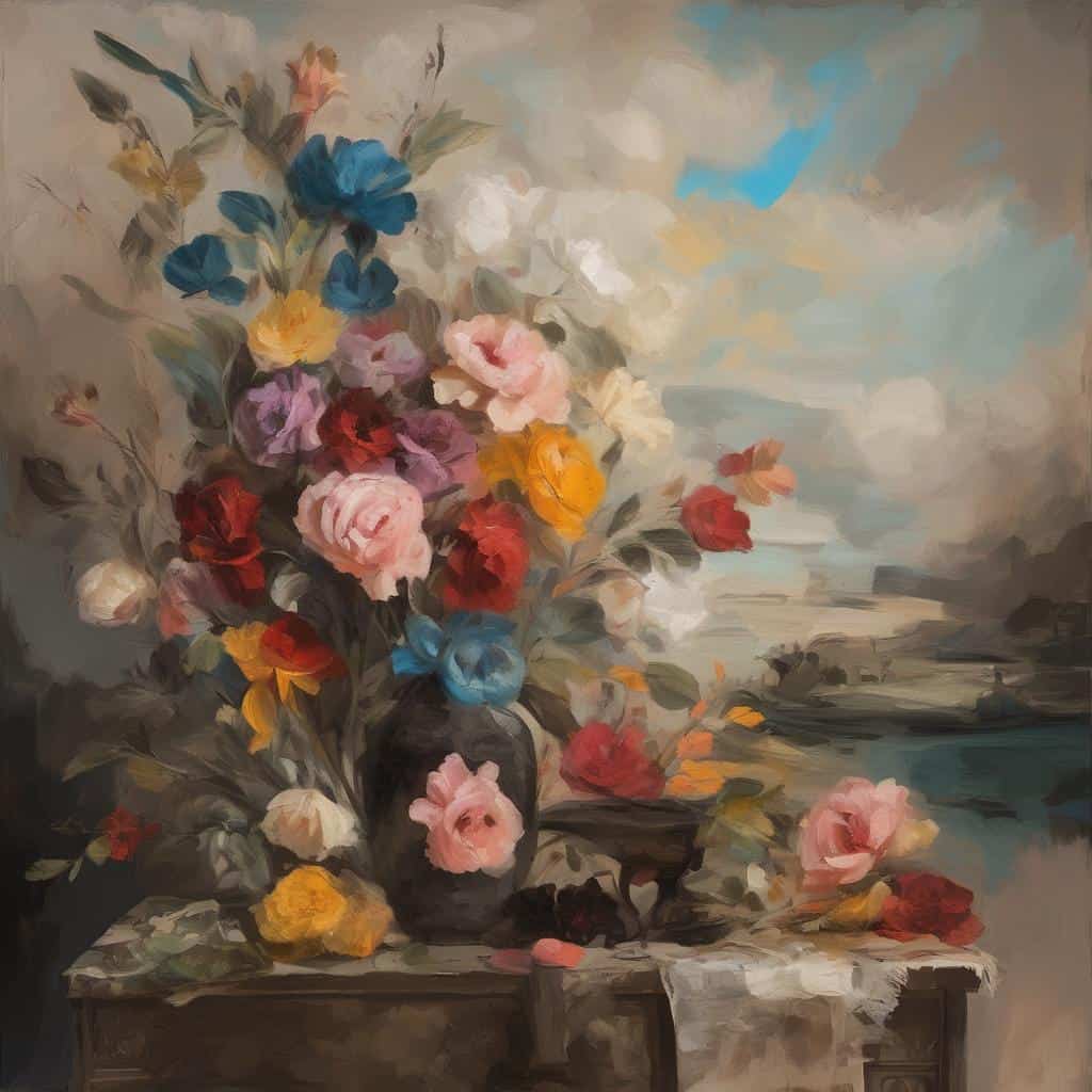 Ανθιστό μπουκέτο με πολύχρωμα λουλούδια, πίνακας ζωγραφικής.